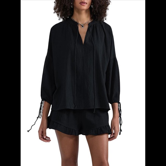 Conjunto de Dos Piezas para Mujer: Top de Larga con Lazo y Bóxer con Volantes Conjunto Informal A Juego Negro L