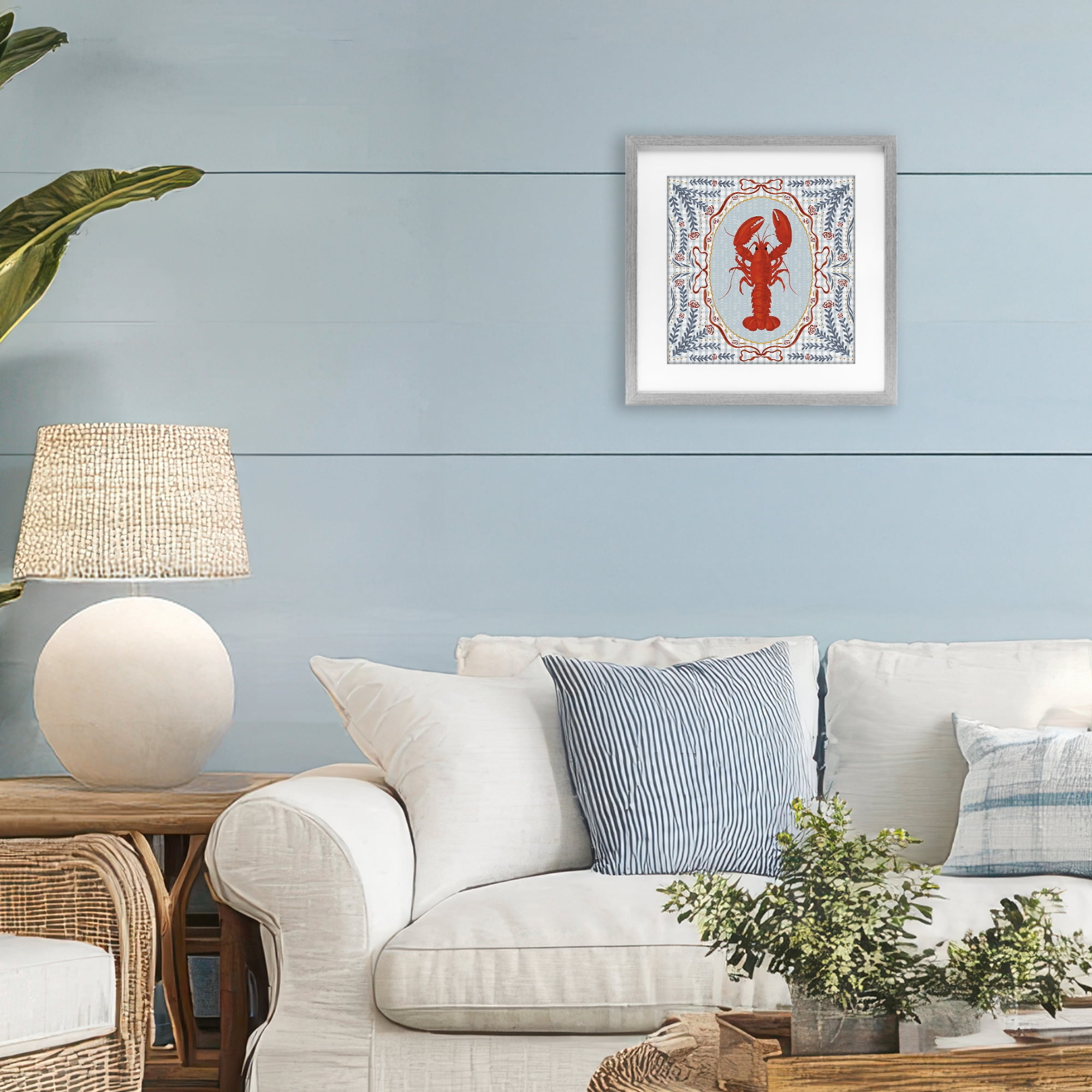 Stupell Industries Lobster Portrait Blue Gingham Gray Framed Print Under Glass, design by Vero Illustrates