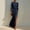 Navy Blue, variant on Women's Crew Neck Long Sleeve Maxi Dress Waist Ruched Side Split Elegant Slim Fit Long Gown Black,L