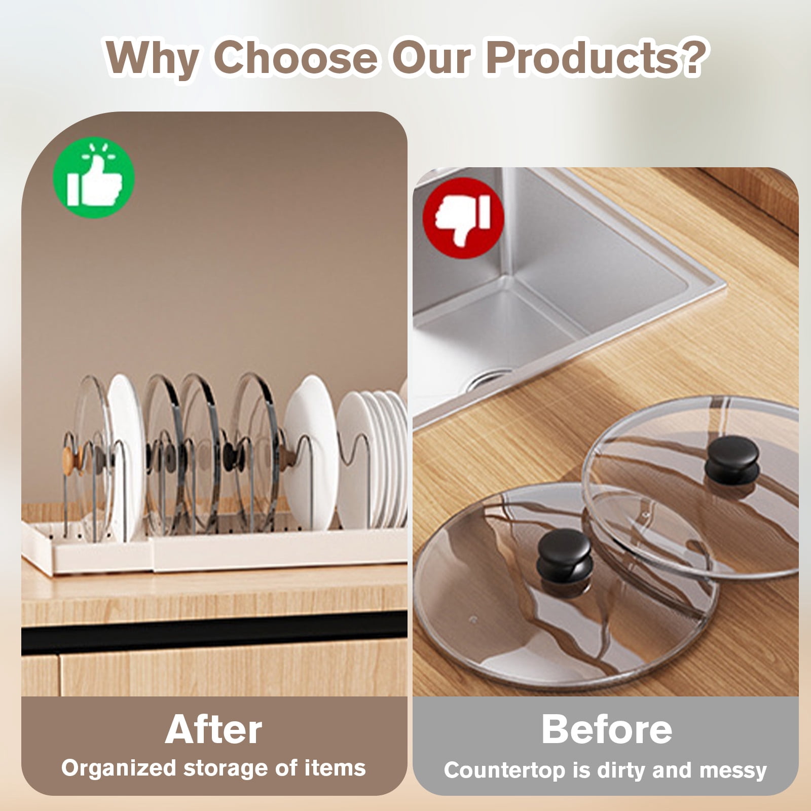 VEGCOO 2-Pack Pots and Pans Organizer for Cabinet - Expandable Kitchen Storage Rack with 20 Adjustable Dividers - Heavy Duty Pot Lid & Bakeware Holder for Under Sink & Drawers - 22.4 Inch Max Length