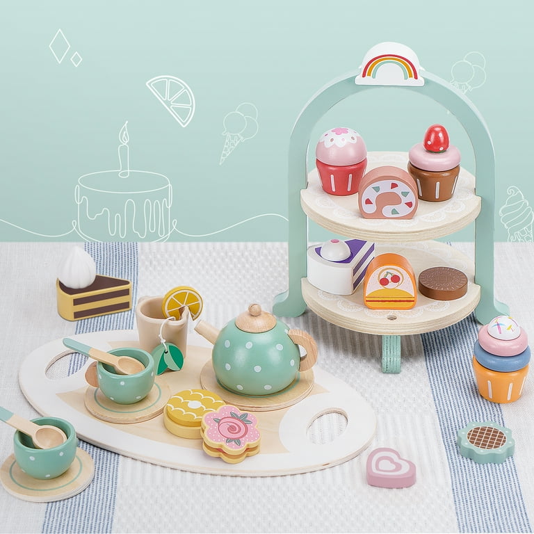 Wooden Tea Set for Little Girls, Toddler Girl Toys Play Kitchen