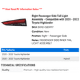thumbnail image 2 of Right Passenger Side Tail Light Assembly - Compatible with 2020 - 2022 Toyota Highlander 2021, 2 of 2
