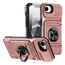 Dteck Case with Tempered Glass Screen Protector for iPhone 16e,Shockproof Card Holder [Store 2 Cards] Wallet Case Magnetic Ring Stand Dual Layer Heavy Duty Protective Cover for iPhone 16e,Rosegold