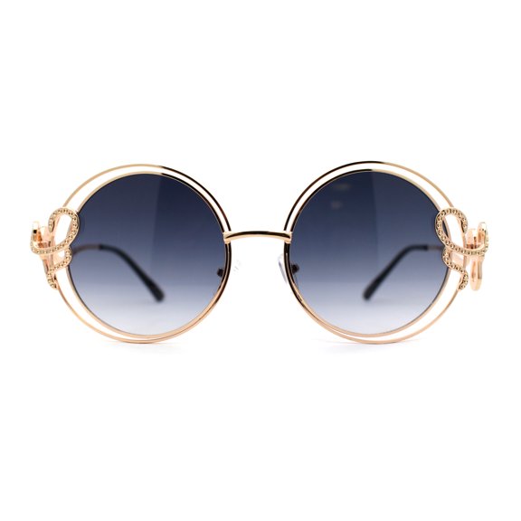 Womens Serpent Snake Jewel Arm Round Circle Metal Rim Sunglasses Gold Smoke