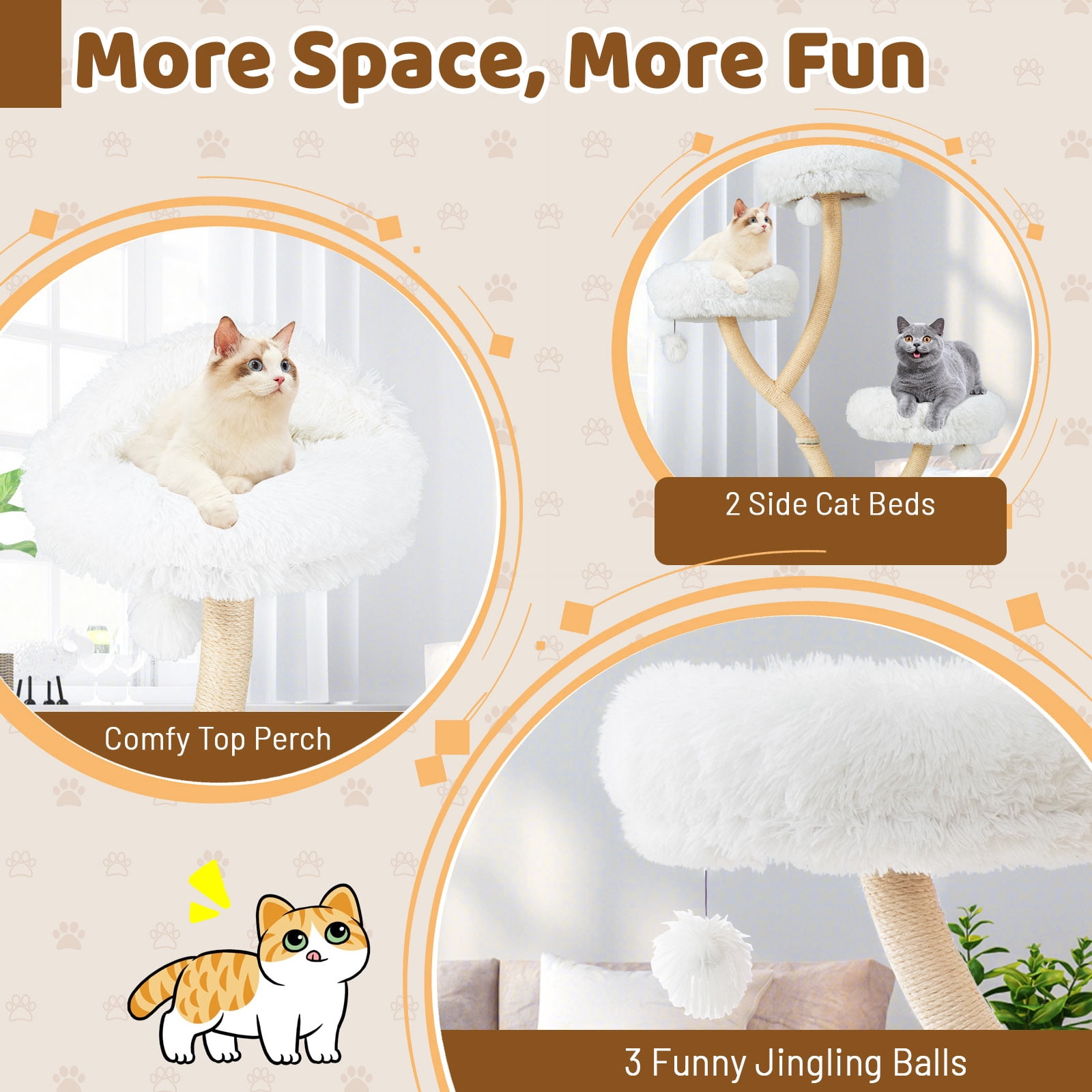 Infans Cat Tree Tower 70" Multi-Level Kitten Activity Center w/ 3 Perches & Balls Beige