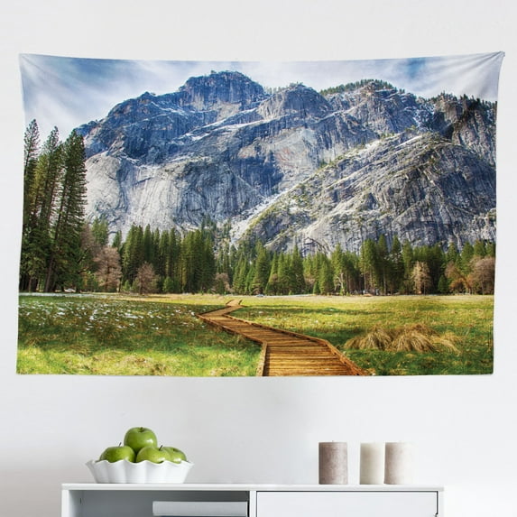 Yosemite Tapestry, Landscape Picture of a Winding Road in The Mountains El Capitan, Fabric Wall Hanging Decor for Bedroom Living Room Dorm, 2 Sizes, Green, by Ambesonne