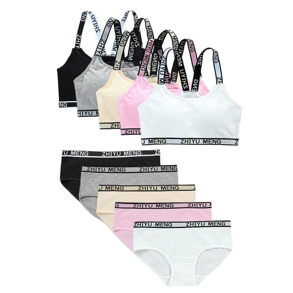 Uccdo Girls Matching Underwear Sets Training Bra Panties Wireless Crop Cami Sports Bra Hipster Set, 5-Pack, 8-16T