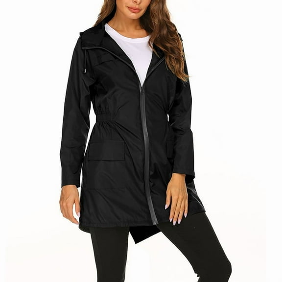 Women'S Waterproof Rain Jacket Mid Long Zip Front Outdoor Hooded Raincoat Black S