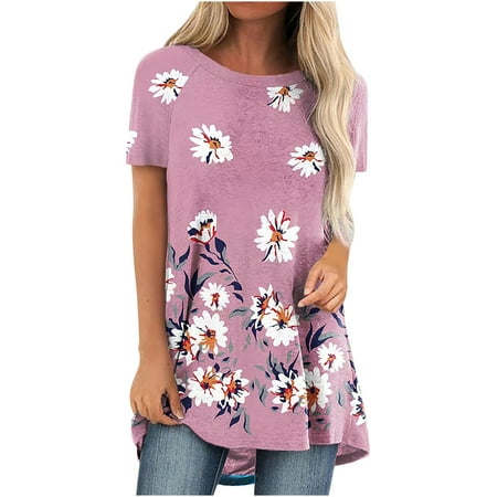 BYOIMUD Clothing Clearance Leisure Flower Printed Tunic Top for Leggings for Women Summer Cute Short Sleeve Shirts Loose Fit Pullover Blouse Tees Blue