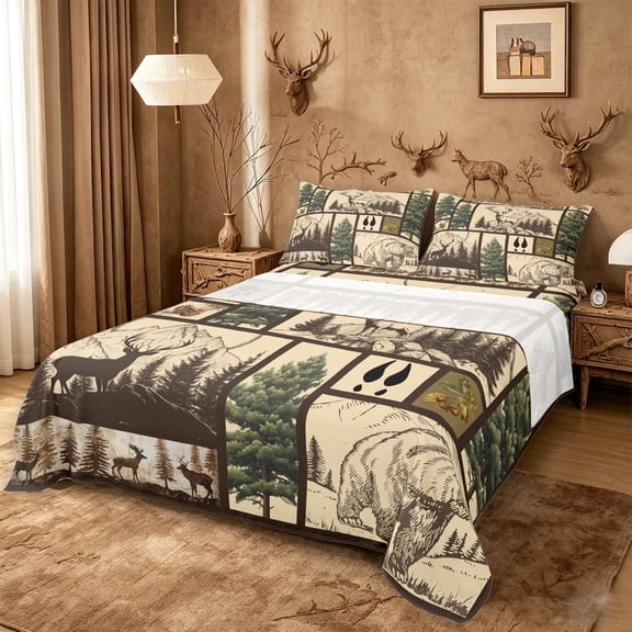 meiyoeat Retro Woodland Deer Queen Sheets For Adults,Rustic Mountain Bear Pine Queen Sheet Sets For Men,4pcs
