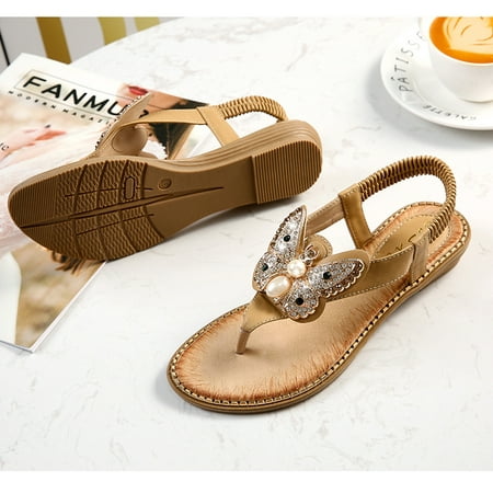 

Thong Sandals for Women Beach Bohemia Floral Flat Sandals T-Strap Summer Beach Glitter Beaded Elastic Flip-Flop Thong Shoes