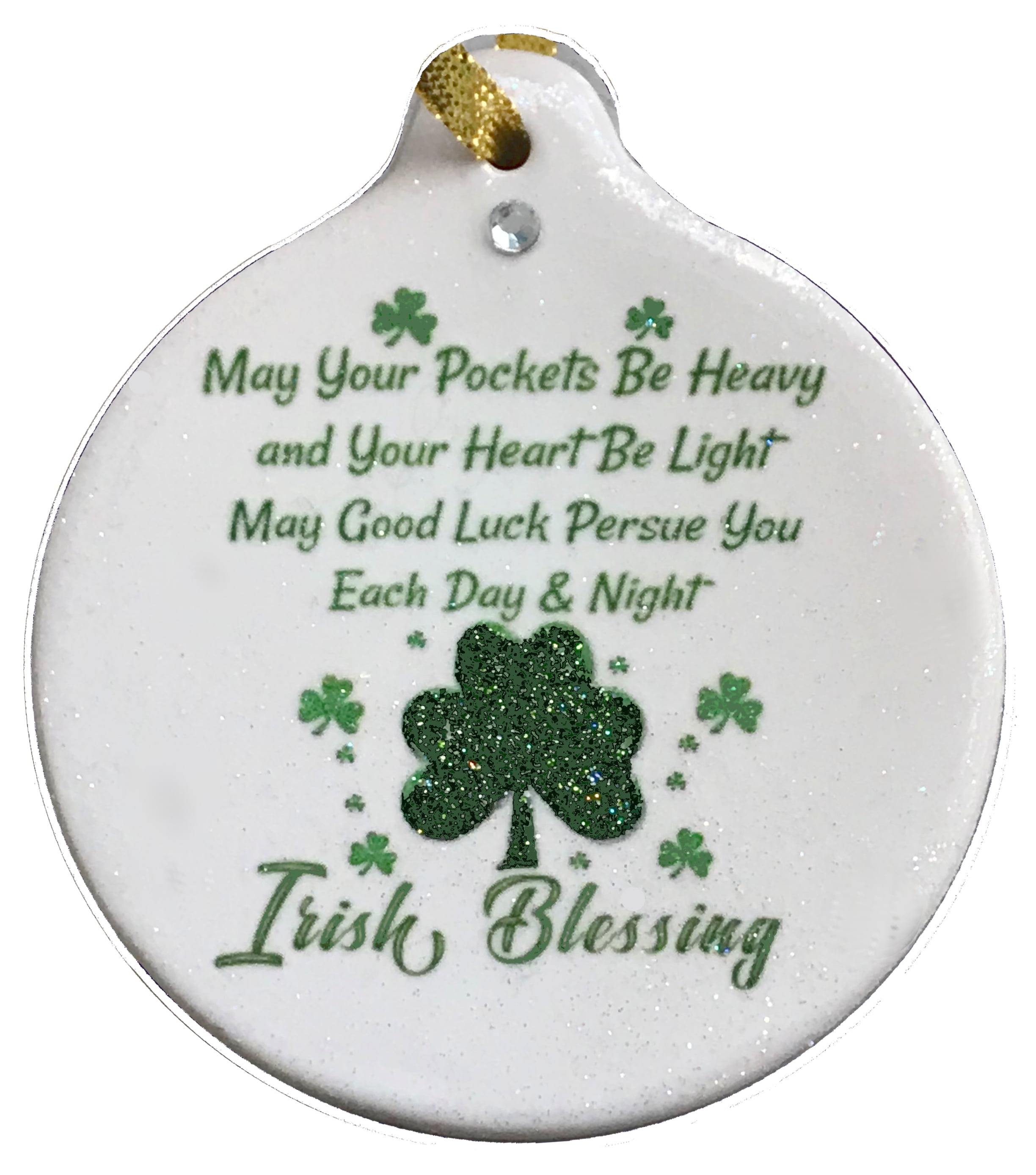 Irish Blessing Porcelain Ornament Rhinestone Celtic Pride Shamrock Good