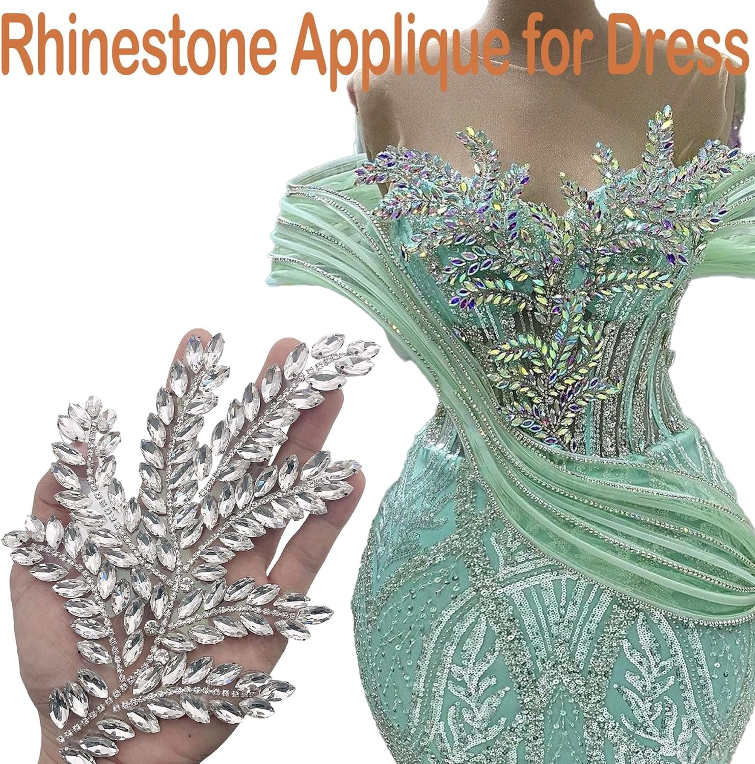 ABPETE 1 Pair Green Leaf Rhinestones Applique, Handmade Crystal Beaded Rosemary Iron on Patches for Bridal Dress Jeans Hat Bag Jacket Embellishment,Bedazzling Gems for Craft(Gold)