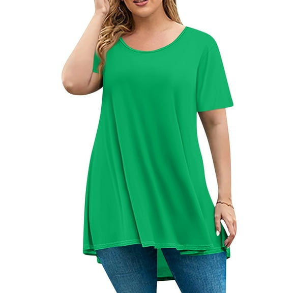Women'S Tops, Plus Size Round Neck Short Sleeve Casual Solid Color Loose Fit Pullover Top Sweatshirt For Women Tops Work Out Gym Off The Shoulder Top Trendy Tops Tunic Leggings (4XL, Green) ZMTing