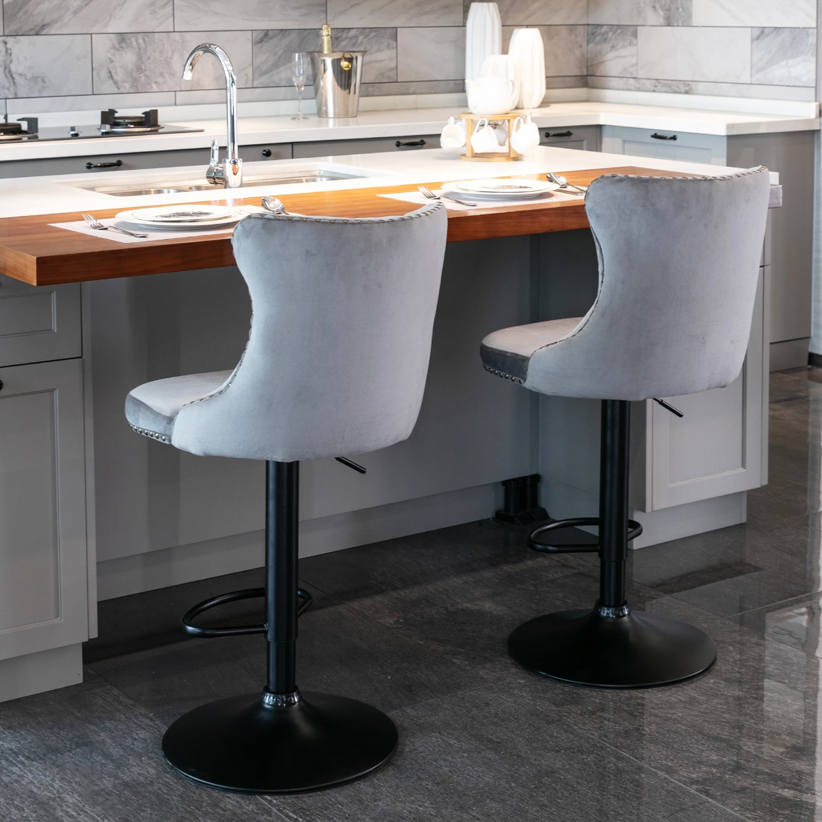 ODUSE-DAILY Gray Velvet Bar Stools Set of 2 - Adjustable Swivel Counter Height Chairs with Tufted Back and Nailhead Trim for Kitchen Island Pub Restaurant (2Pcs, Black Metal, Grey)