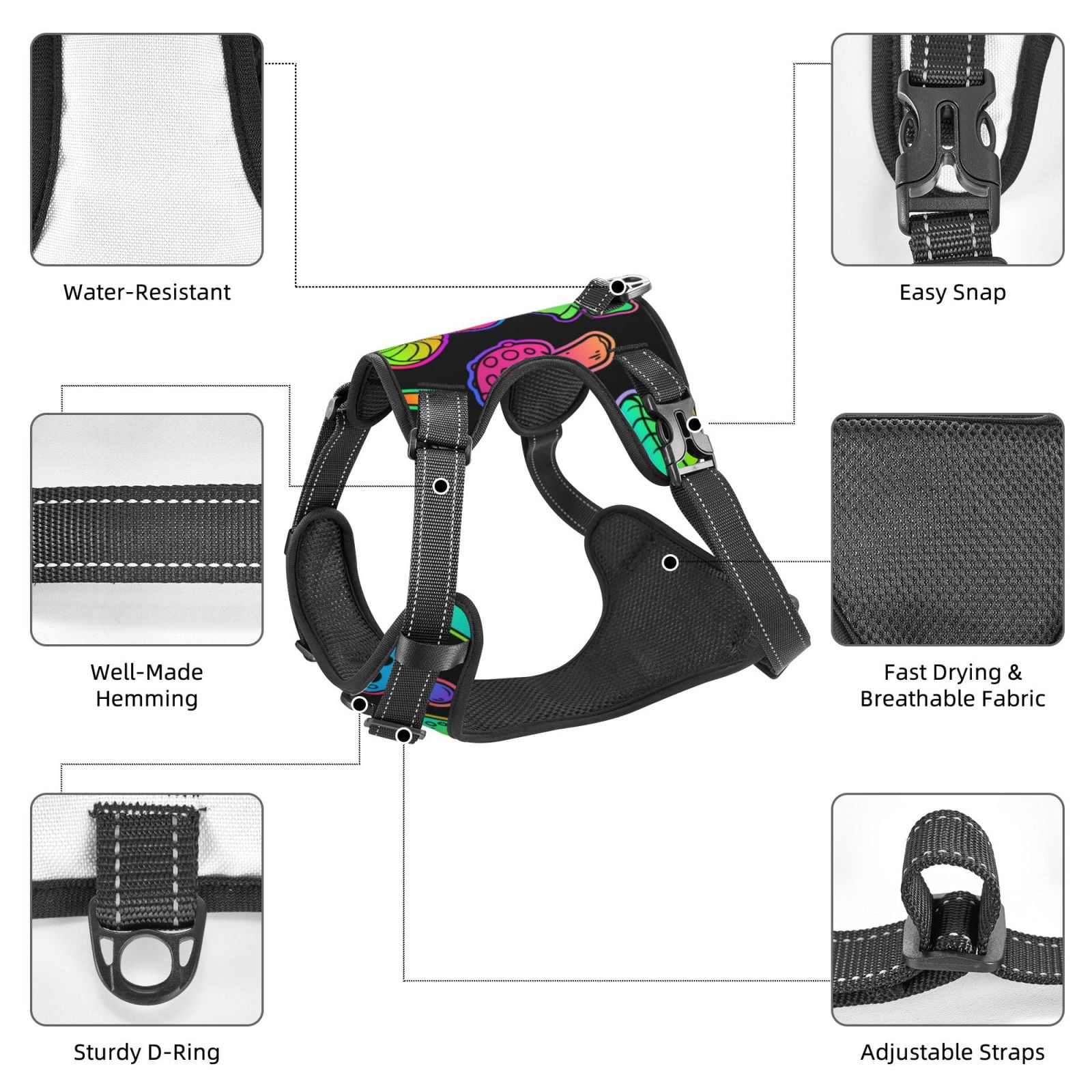 Naloa Bright Mushrooms Pet Harness Vest with Traction Rope, Adjustable No-Choke Dog Vest for Outdoor, Walking - Small