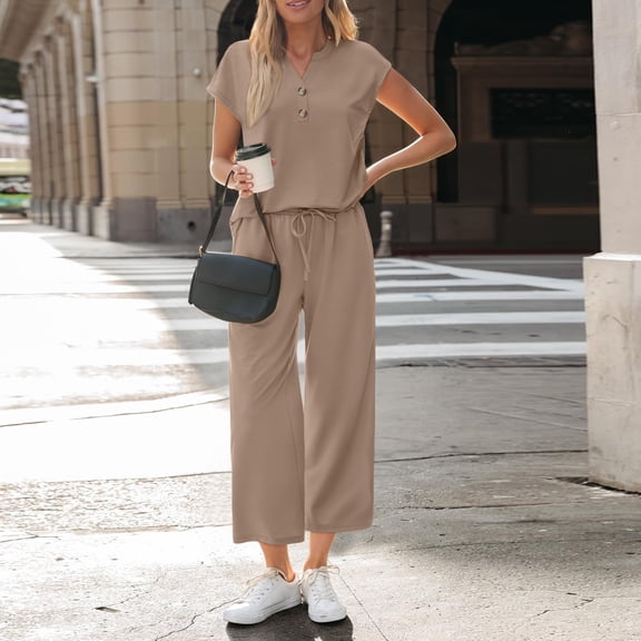 Two Piece Sets for Women Summer Outfits Wide Leg Crop Pants Lounge Sets Airport Beach Vacation Clothes Khaki M