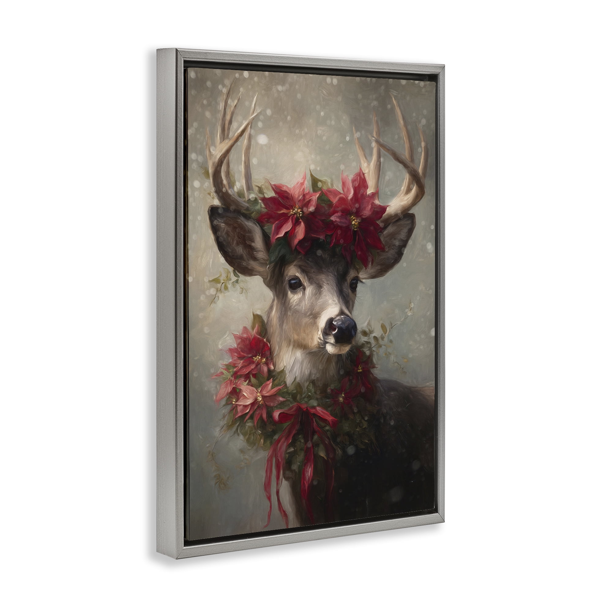 Stupell Industries Poinsettia Christmas Deer Gray Framed Floater Canvas Wall Art, design by Tina LeCour