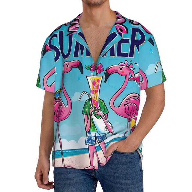 Fotbe Beach Flamingo Trio Camisa Estampada de Manga Corta para Hombre, Casual de Verano, Estilo Playero, Sin Arrugas-3X-Large