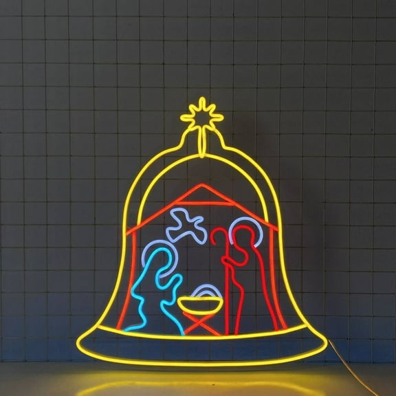 Craftnamesign Nativity Scene Bell Neon Light, Holy Night Led Sign Wall Art, Jesus Birthday Decor