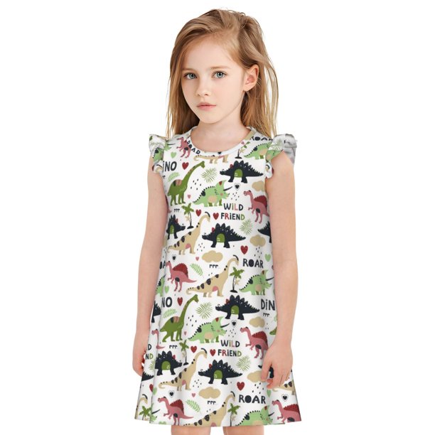 Balery Dinosaur Camisón de princesa para niñas, pijama de algodón con mangas abullonadas, suave y bonito.-Large