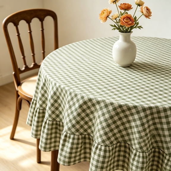 Green Gingham Round Tablecloth 70.87 in, 100% Cotton Checkered Table Cover with Ruffled Hem for Kitchen Dining Room and Party