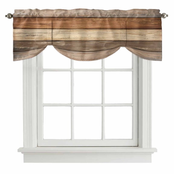 Farmhouse Beige Brown Tie Up Valance Curtains for Windows, Kitchen Curtains Window Treatments, Vintage Wooden Striped Short Window Shades Valances for Bedroom Bathroom Cafe 54"x18"