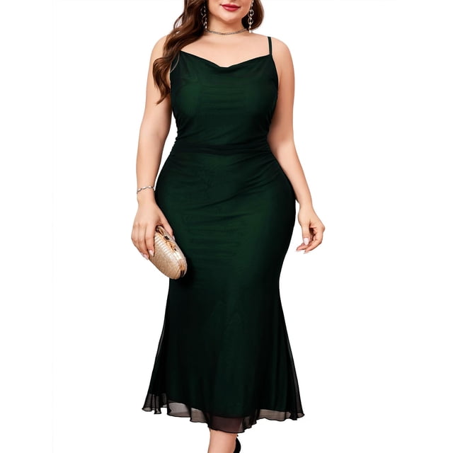 Vestido ZOMVA, talla grande, malla fruncida, sirena, tirantes finos