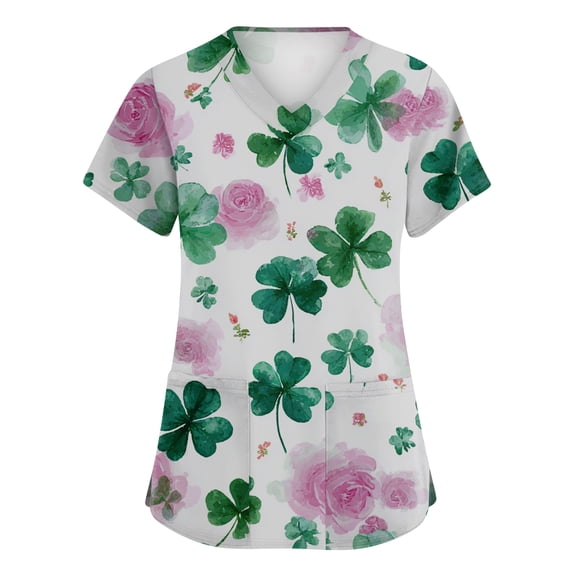 OIOLOYJM Womens St. Patrick's Day Scrub Tops Funny Stretchy Clover Print Tops V-Neck Short Sleeve Nursing Shirts Lightweight Blouse with Pockets White XL