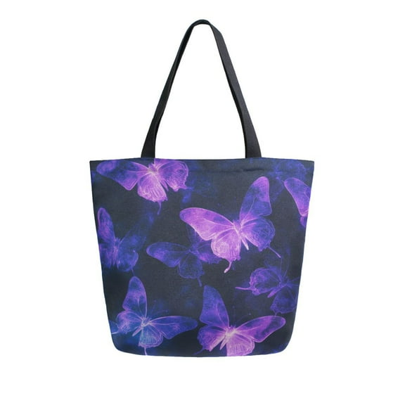 Durable Canvas Tote Bag with Zip Pocket Bags for Woman Shoulder Versatile Carryall for Everyday Use Purple Glowing Butterflies