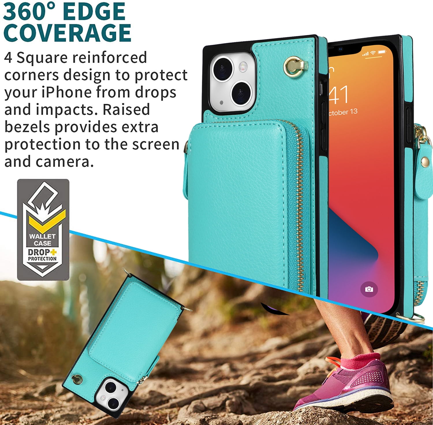 TECH CIRCLE For iPhone 12 Mini Wallet Case,Card Holder Phone Case for Women, Zipper PU Leather Purse Kickstand Folio Flip Case with Crossbody Strap for Apple iPhone 12 mini 5.4" 2020,Mint