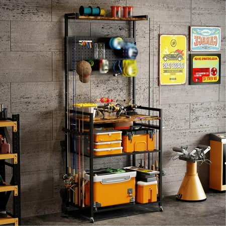 Fishing Rod Holders for Garage Fishing Pole Holders with Hooks and Wheels Adjustable Height Fishing Rod Rack Storage Organizer for Rods Tackle Box