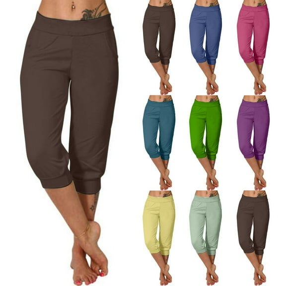 Bovxnpu High Waisted Leggings for Women Yoga Capris for Workout Womens Sports Pants 7/8 Length High Waisted With Pockets Pull On Casual Trousers Soft Comfy