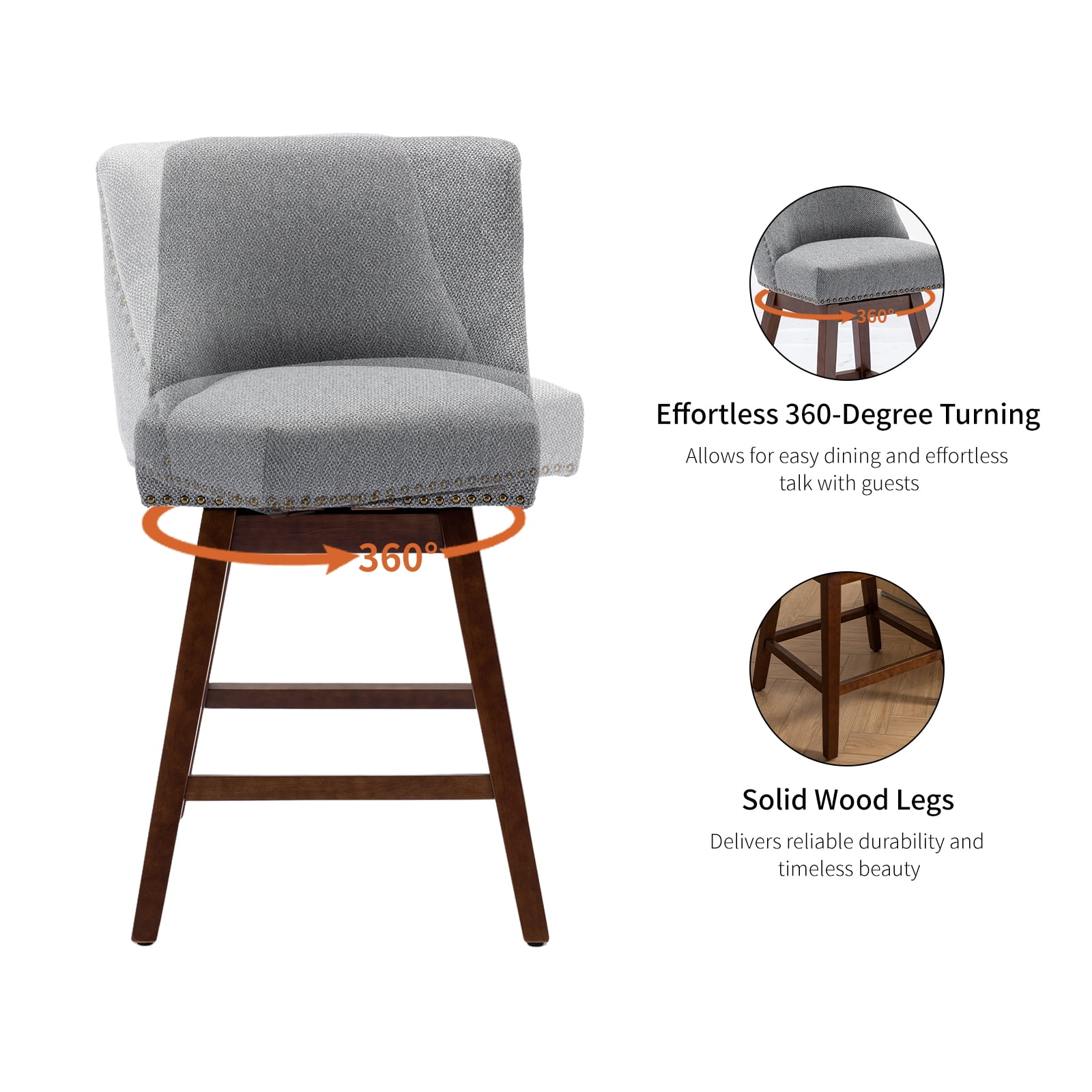 Modern Swivel Bar Stools Set of 6, Grey Counter Height Bar Stools with Back for Kitchen Island, Fabric Upholstered Island Chairs with Wood Legs, Barstool Chairs, Sillas para Barra de Cocina