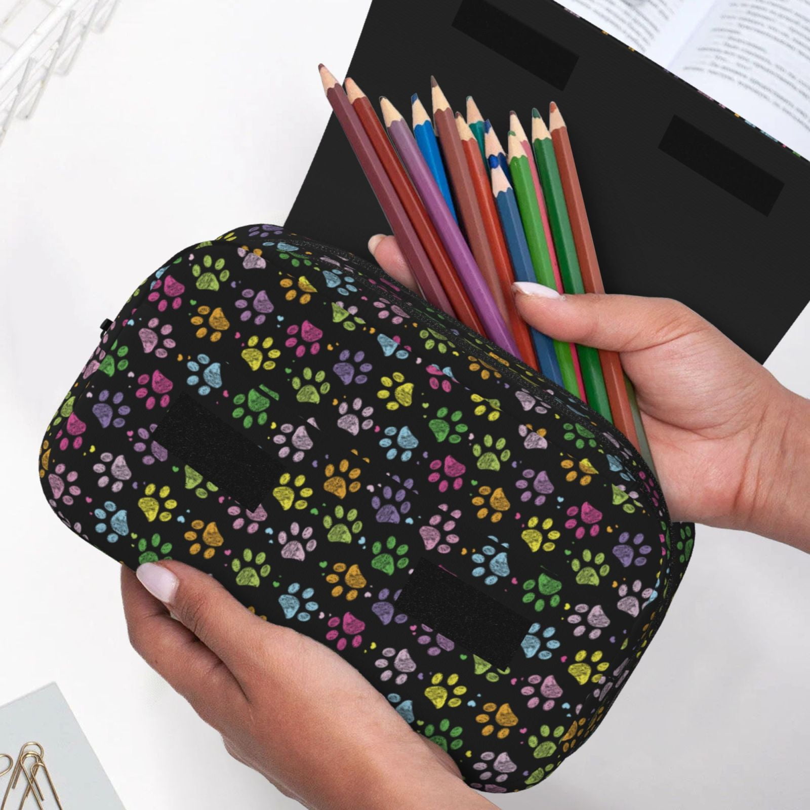 Rateoe Colorful Paw Pattern Double Clamshell Pen Case, Storage Organizer with Two Zipper Compartments– Holds Up to 50 Pencils & Pens