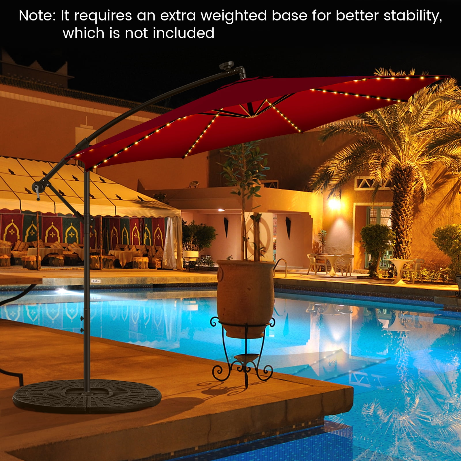 Patiojoy 10FT Solar Offset Umbrella Tilted Cantilever Umbrella with 112 LED Lights Lighted Patio Sun Shade with Crank Handle Red