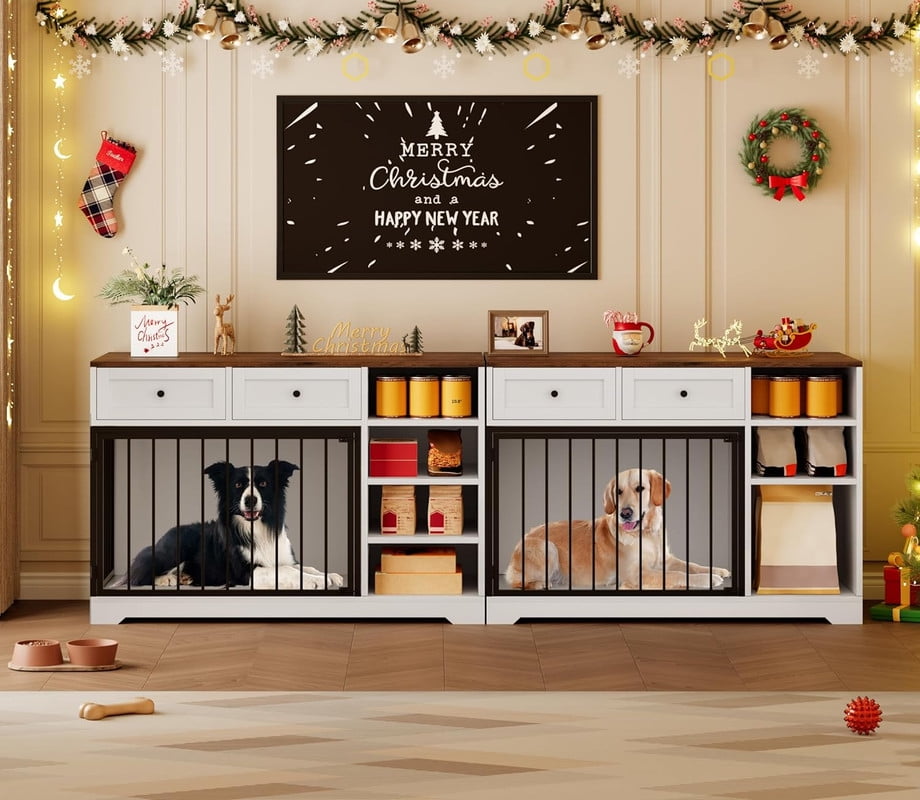 Towallmark 47 Inch Dog Crate Furniture, Large Wooden Dog Kennel TV Stand with Storage Drawers & Shelves, White Decorative Indoor Dog Cage for Medium & Large Dogs