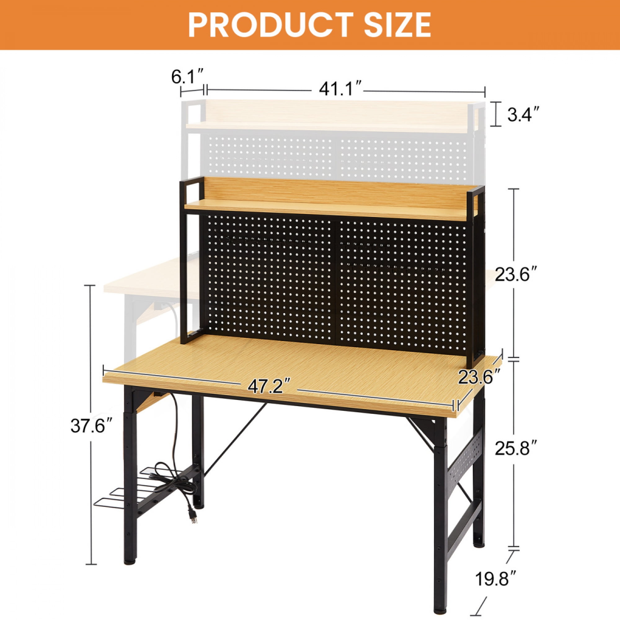 48'' Adjustable Heavy Duty Rolling Workbench - 1600 Lb Load Capacity, Wooden Desktop with Pegboard, AC/USB Outlet, Hooks & Shelf for Garage/Workshop/Home