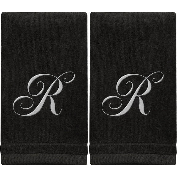 Monogrammed Towels Fingertip, Personalized Gift, 11 x 18 Inches - Set of 2 White Embroidered Towel - Extra Absorbent 100% Cotton - Soft Velour Finish - For Bathroom/ Kitchen/ Spa - Initial R (Black)