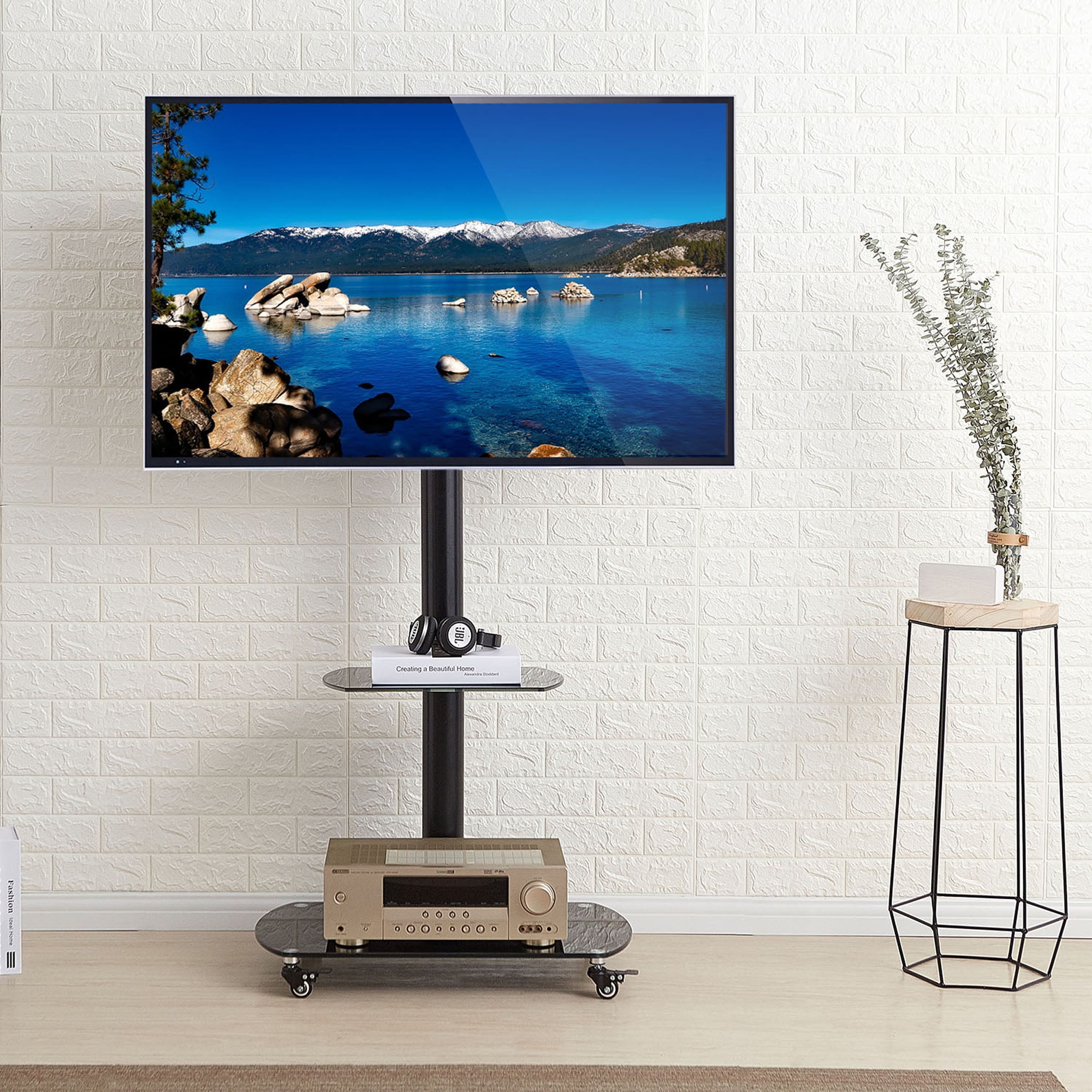 Rfiver Entertainment Center Mobile Tv Stand 2 Shelf Television Mount For Tvs Up To 65 Perfect Flat Screens Tf8001