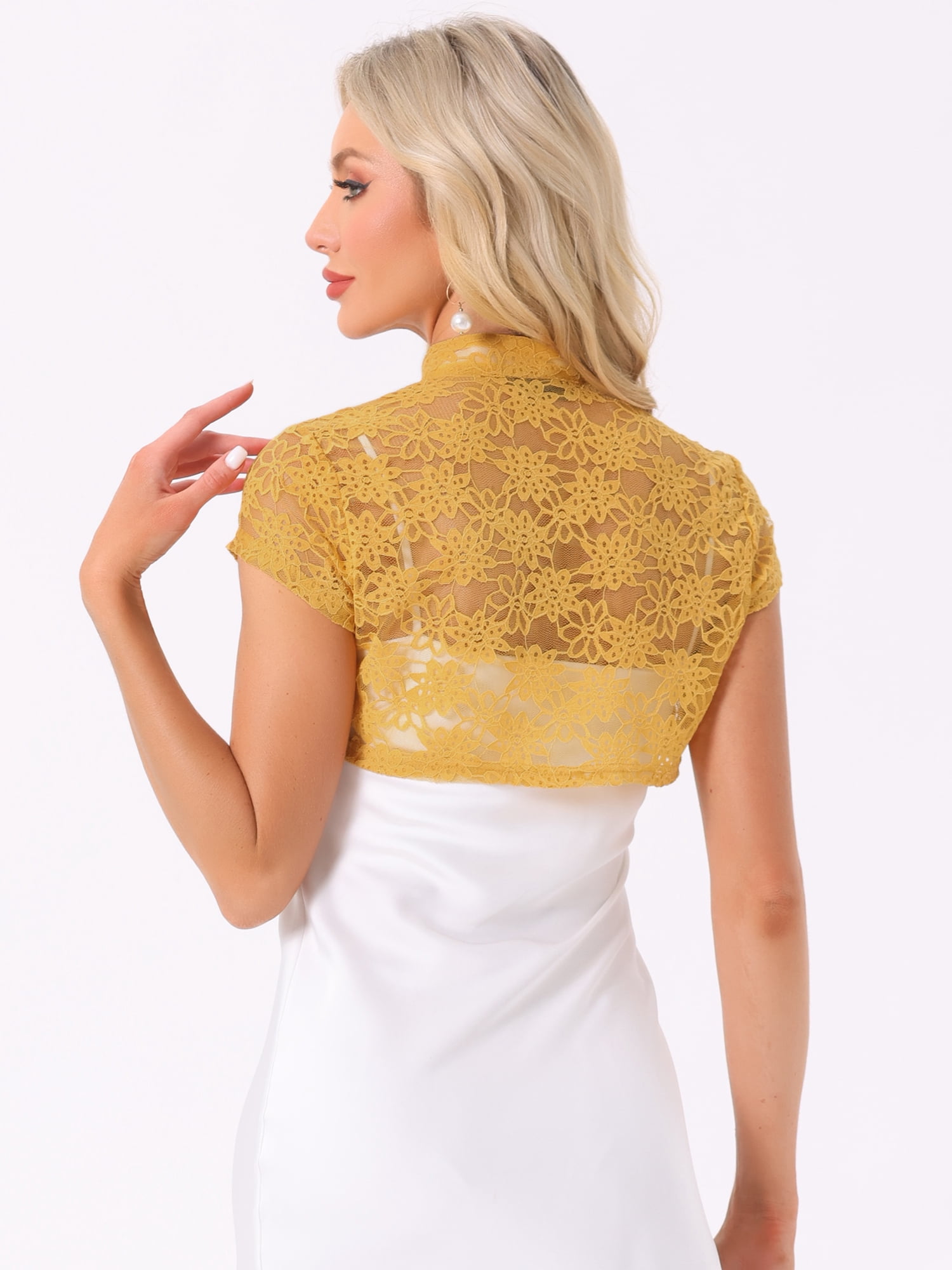 DARING DIVA Women's Lace Cardigan Stand Collar Short Shrugs L Yellow