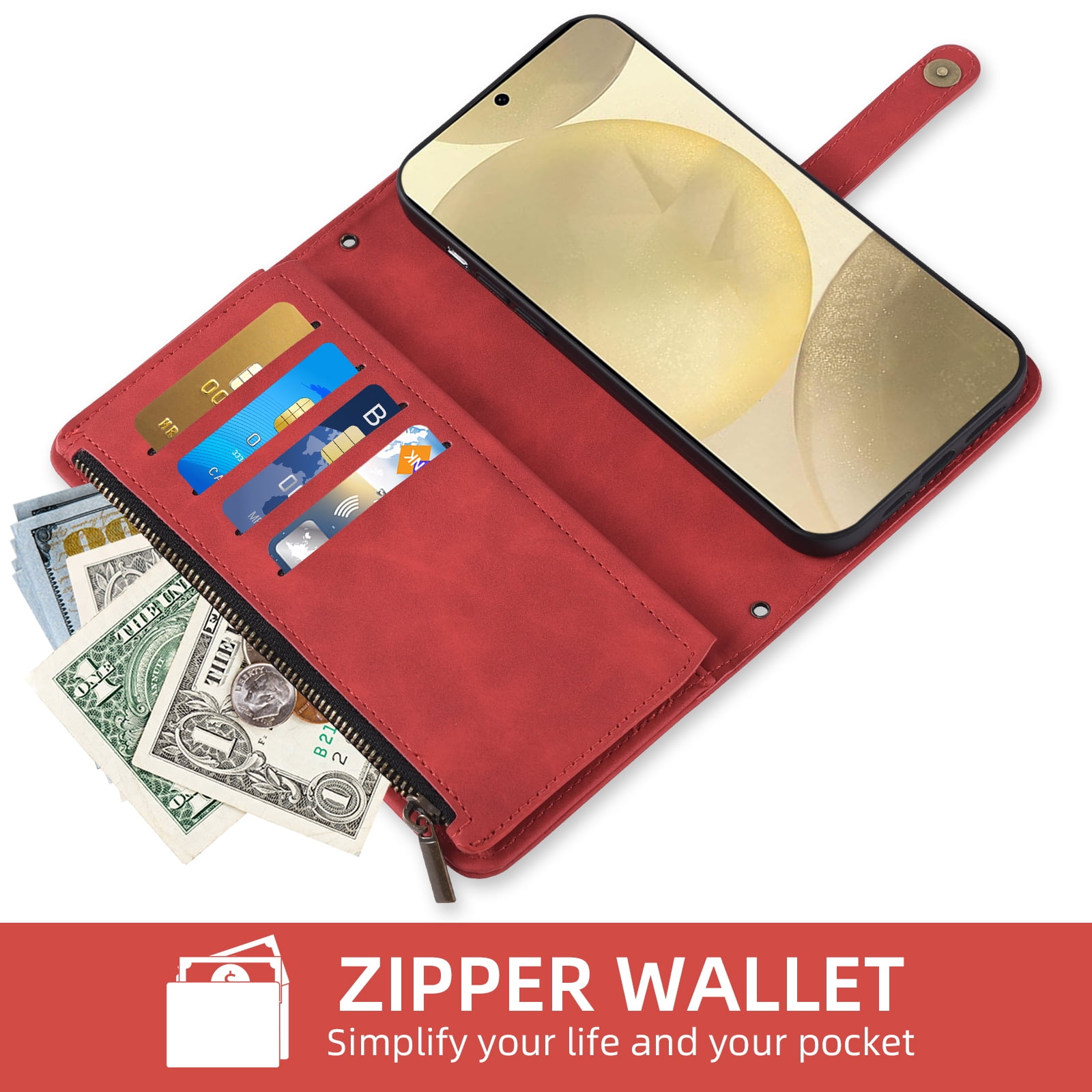 Asuwish Phone Case for Samsung Galaxy S24/S25 5G Wallet Cover With Tempered Glass Screen Protector Crossbody Wrist Strap Flip Pattern Zipper Credit Card Holder Cell S 24 24S 25 25S G5 SM-S931U Red