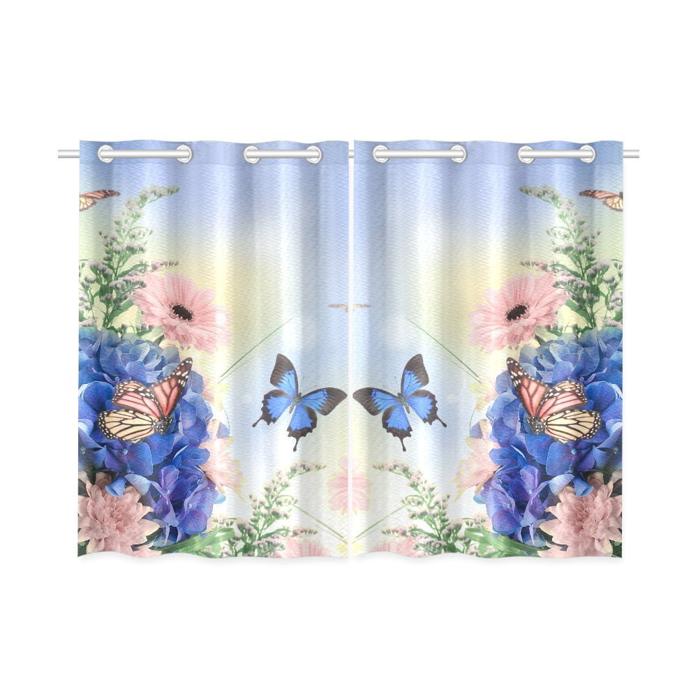 MYPOP Blue Hydrangeas And Butterfly Window Curtain Home Decor Kitchen