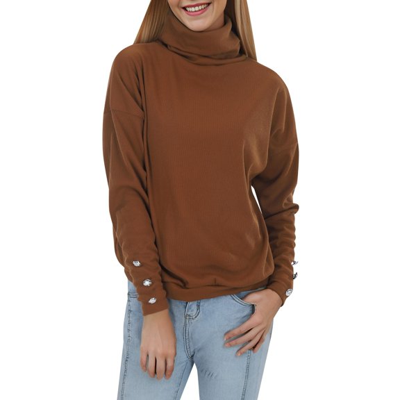 Sweaters For Women Turtleneck Solid Color Cufflink Loose Long Sleeve Casual O Neck Knit Pullover Sweater Tops
