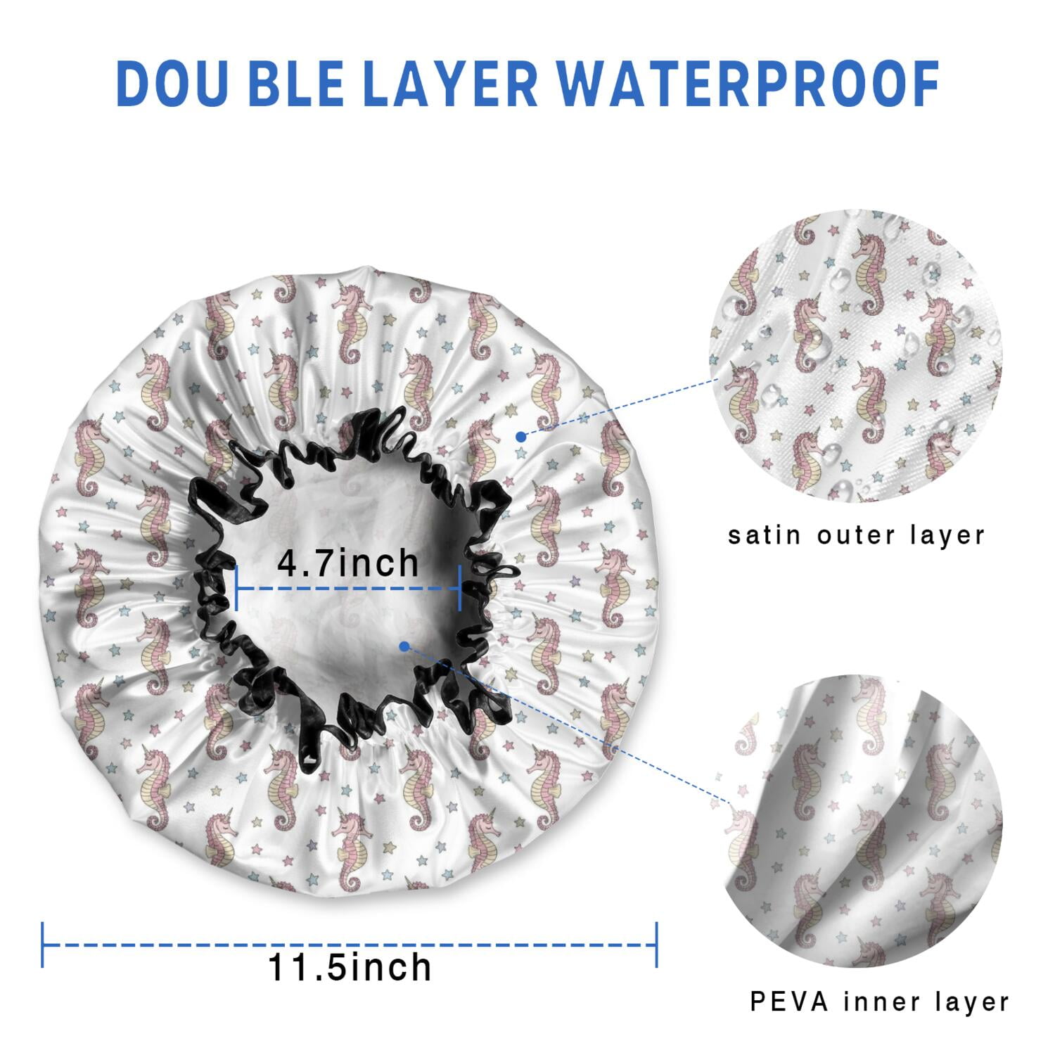 Shower Caps,White Cartoon Seahorse Star Pattern Waterproof Shower Cap for Women 4 Pieces,Double Reusable Hair Cover for Shower PEVA Elastic Stretch Hem