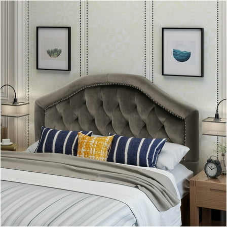 JERFIT Tufted Upholstered Queen Headboard, Camelback Design, Nailhead Trim