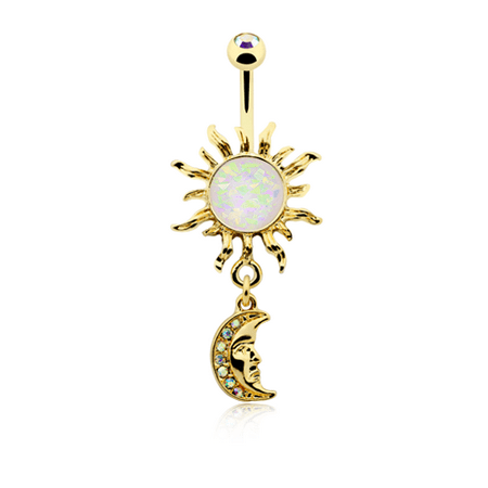 Cat Dangle Belly Button Ring - Belly Button Ring Navel 14g Gold Plate Opal Celestial Sun Moon Dangle