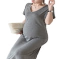 thumbnail image 3 of Robe Femme Enceinte Couleur Unie Col en V Manches Courtes Robe Midi Été Décontractée Robe de Maternité, 3 of 7