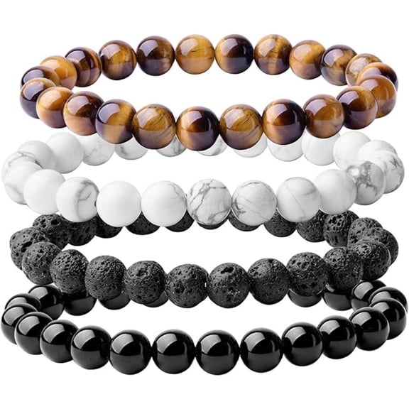 4-Piece Natural 8mm Healing Crystal Bracelet Set, Unisex Gemstone Beads for Daily Wellness & Gift (Lava, Howlite, Tiger Eye, Onyx)