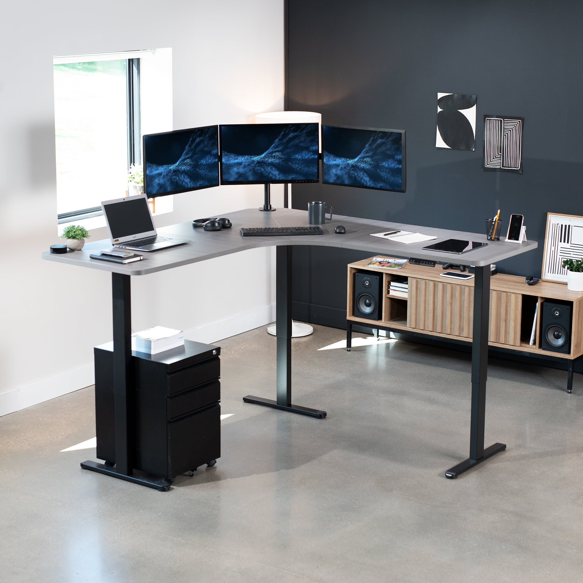 VIVO Dark Gray / Black Electric 71" x 71" Curved Corner Stand Up Desk